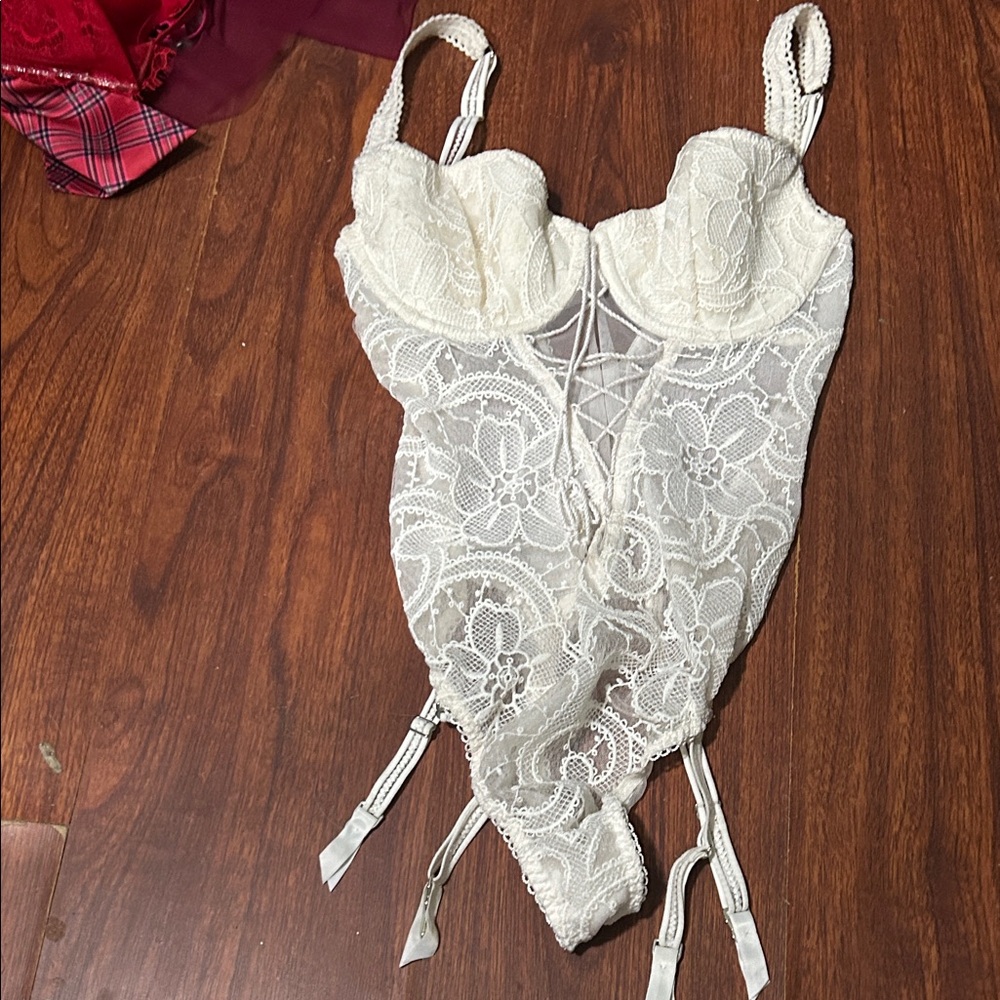 White lace Victoria’s Secret teddy.